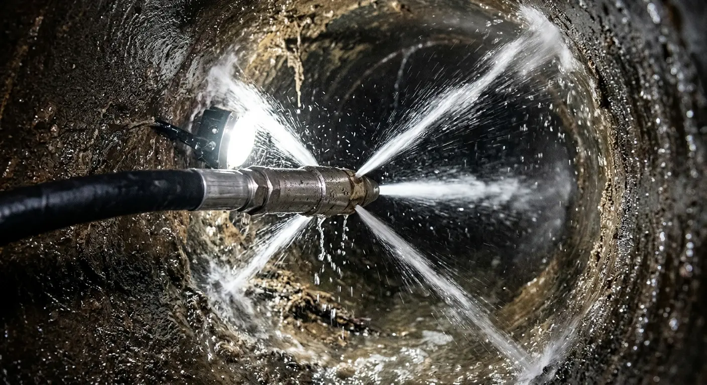 High-pressure hydro jetting nozzle cleaning sewer pipe for Emergency Drain Service in Margaret