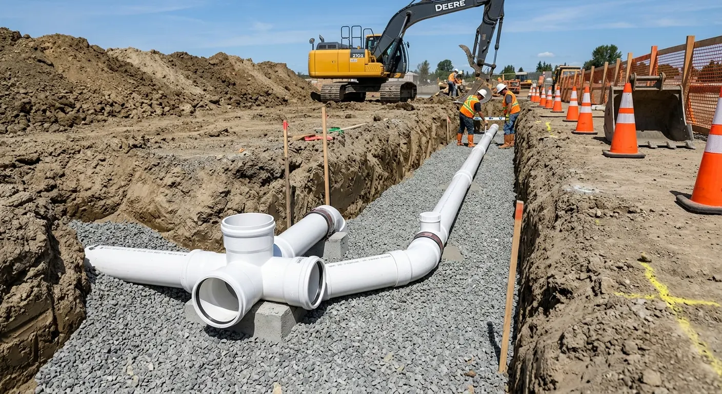 New PVC sewer pipe installation in open trench for Sewer Backup in Margaret