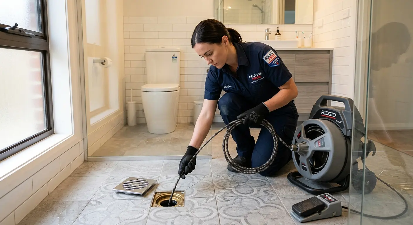 Technician clearing a bathroom floor drain for Drain Cleaning in Margaret
